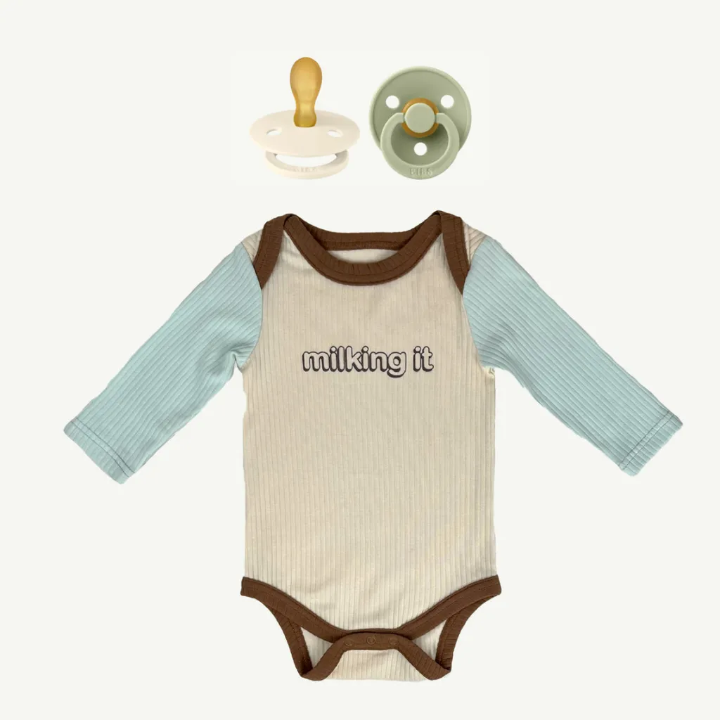 milking_it_onesie_and_bib_0.webp Banabae Milking It Onesie and Bibs Pacifier Bundle- Baby Shower Bundles | Apparel